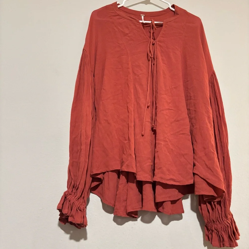 Free People Red Puff Sleeve Blouse with Tie Front